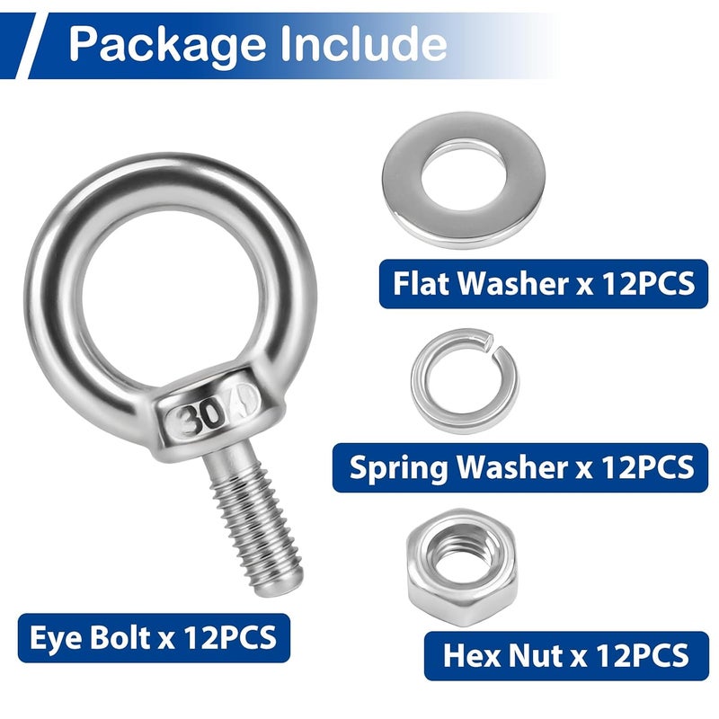 MroMax 12 Pack M5 Lifting Eye Bolts, 0.45"(12mm) Long Ring Threaded Eyebolts, Stainless Steel Lifting Shoulder Eye Bolts with Nuts and Washers, for Rigging, Anchoring, Pulling or Hoisting Objects - Image 5